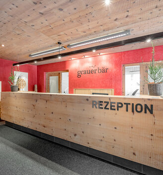 Modern hotel reception area with a wooden desk and red walls. Potted plants and brochures are placed on the counter and the shelves in the background.