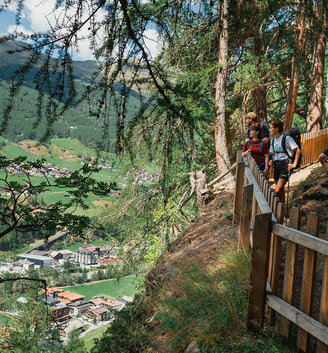 Three hikers pause on a wooded mountain path and look down at a picturesque valley where buildings and green fields stretch out. Sunlight filters through the trees and a wooden fence runs along the edge of the path.
