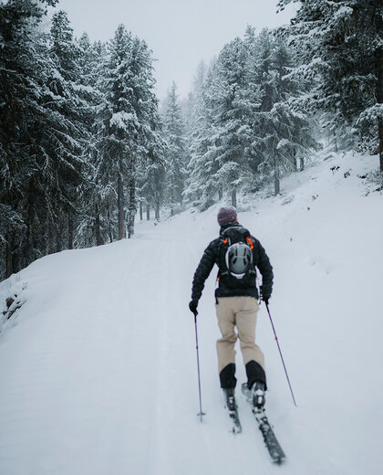 On a cloudy winter day, a person with a backpack walks uphill along a snowy path through a forest of tall, snow-covered trees.