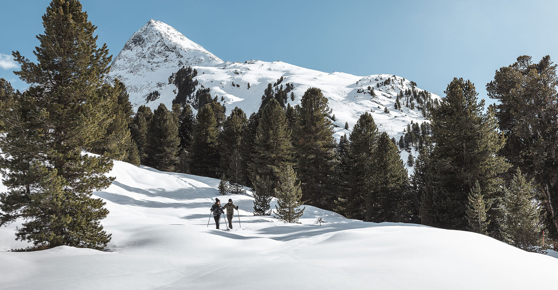Two people hike through snow-covered terrain surrounded by pine trees. A snow-capped mountain peak beneath a brilliant blue sky in the background.